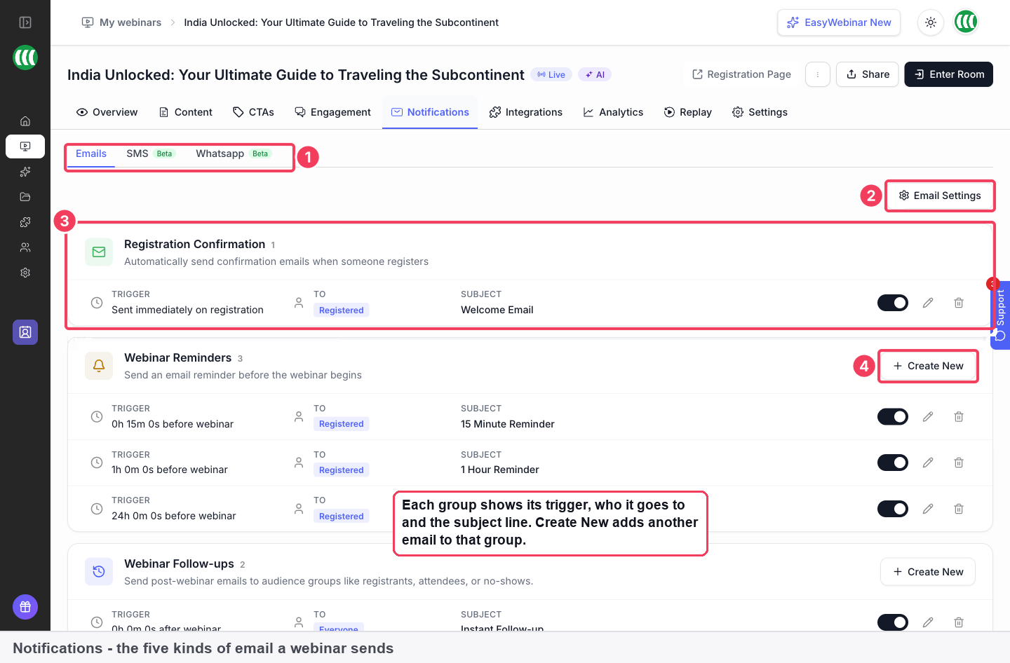 The Notifications tab with the Emails, SMS and Whatsapp channels, the Email Settings button and the Registration Confirmation and Webinar Reminders groups