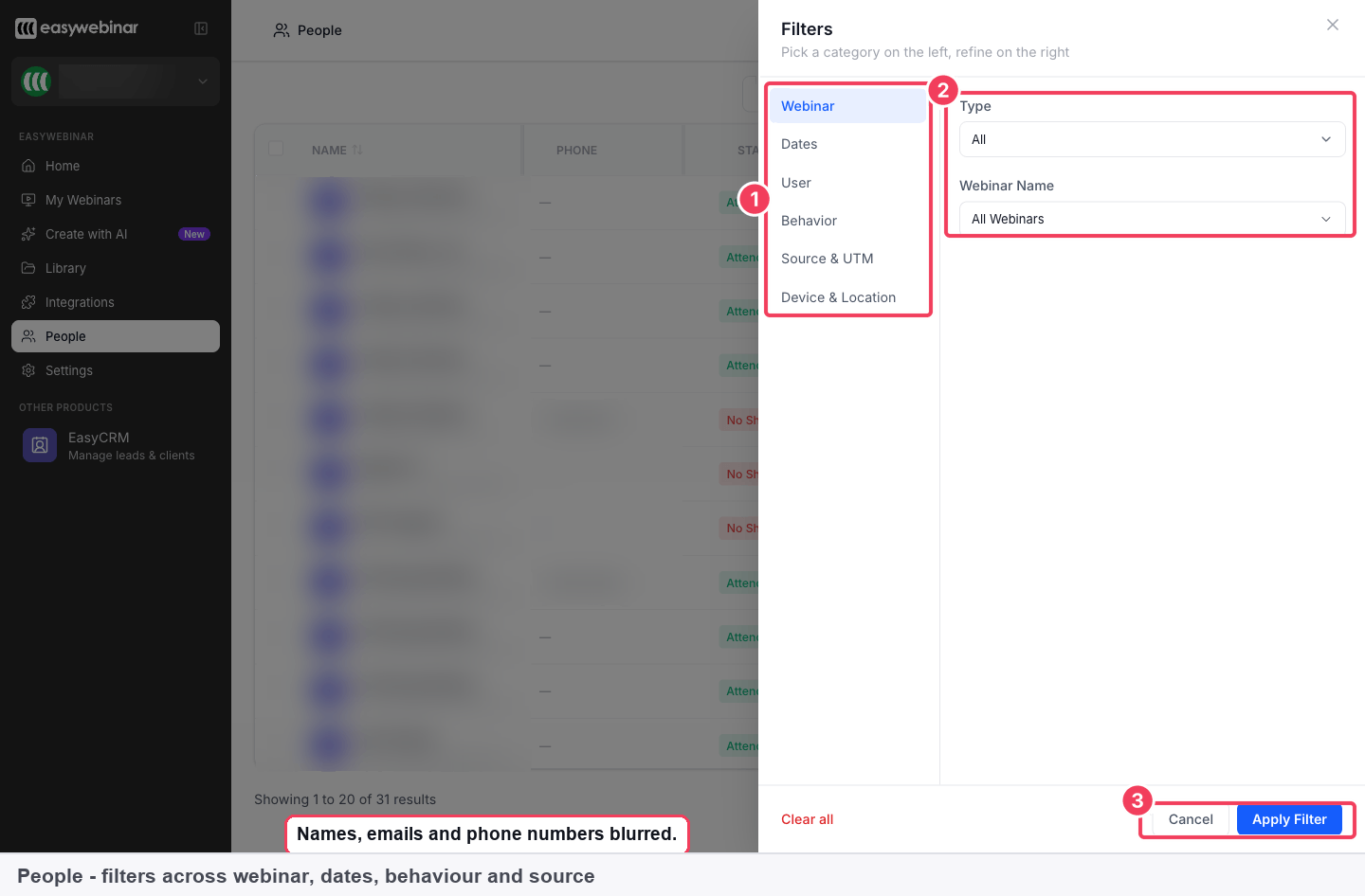 The People view filters panel with categories including Source & UTM