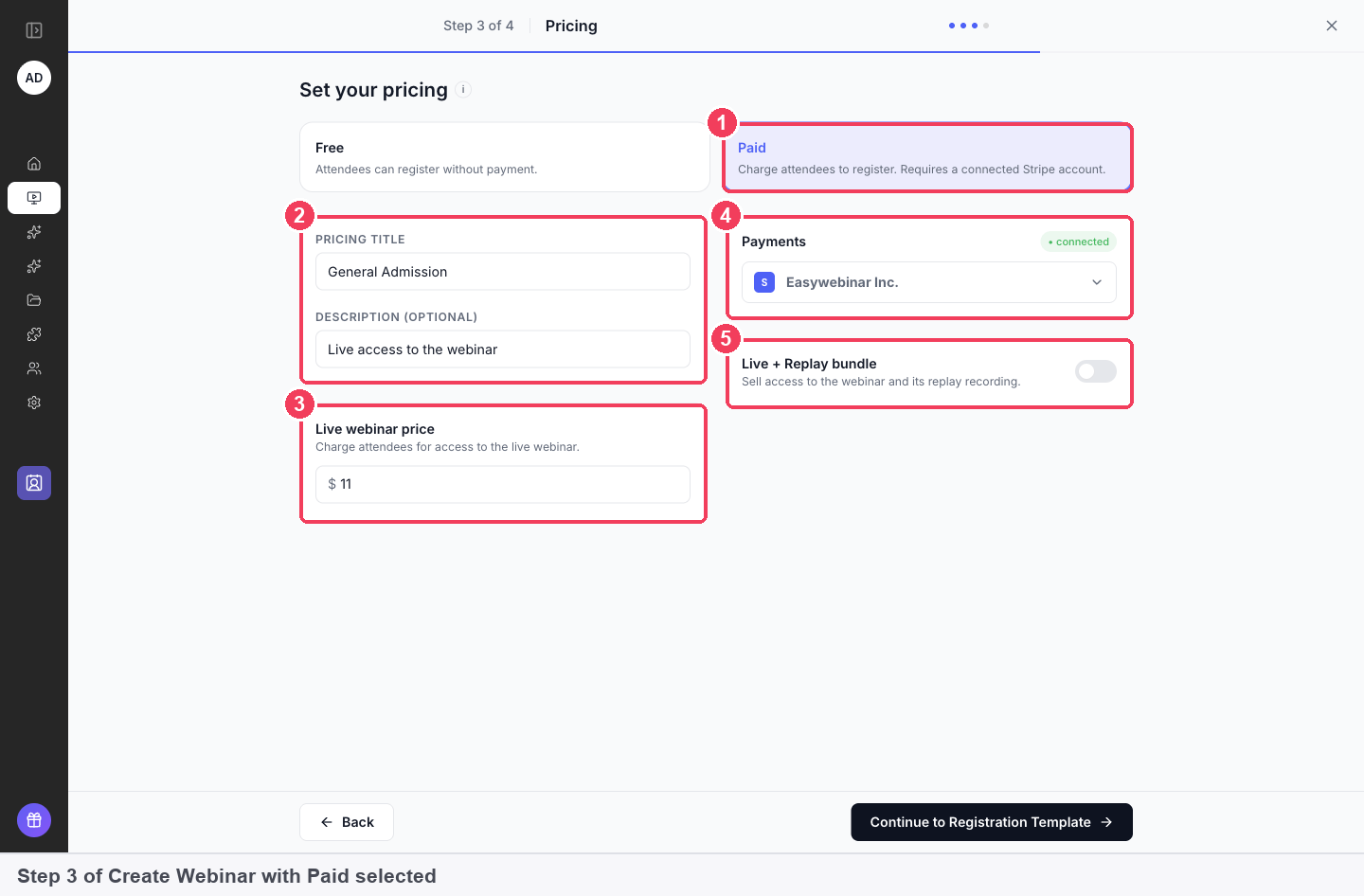 Step 3 of Create Webinar with Paid selected