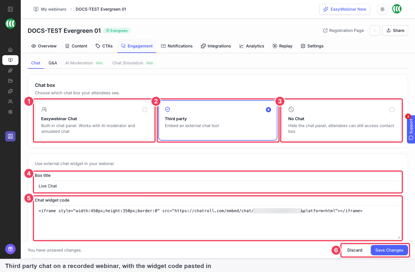 The Chat section on an evergreen webinar with Third party selected, a box title and Chatroll widget code pasted in