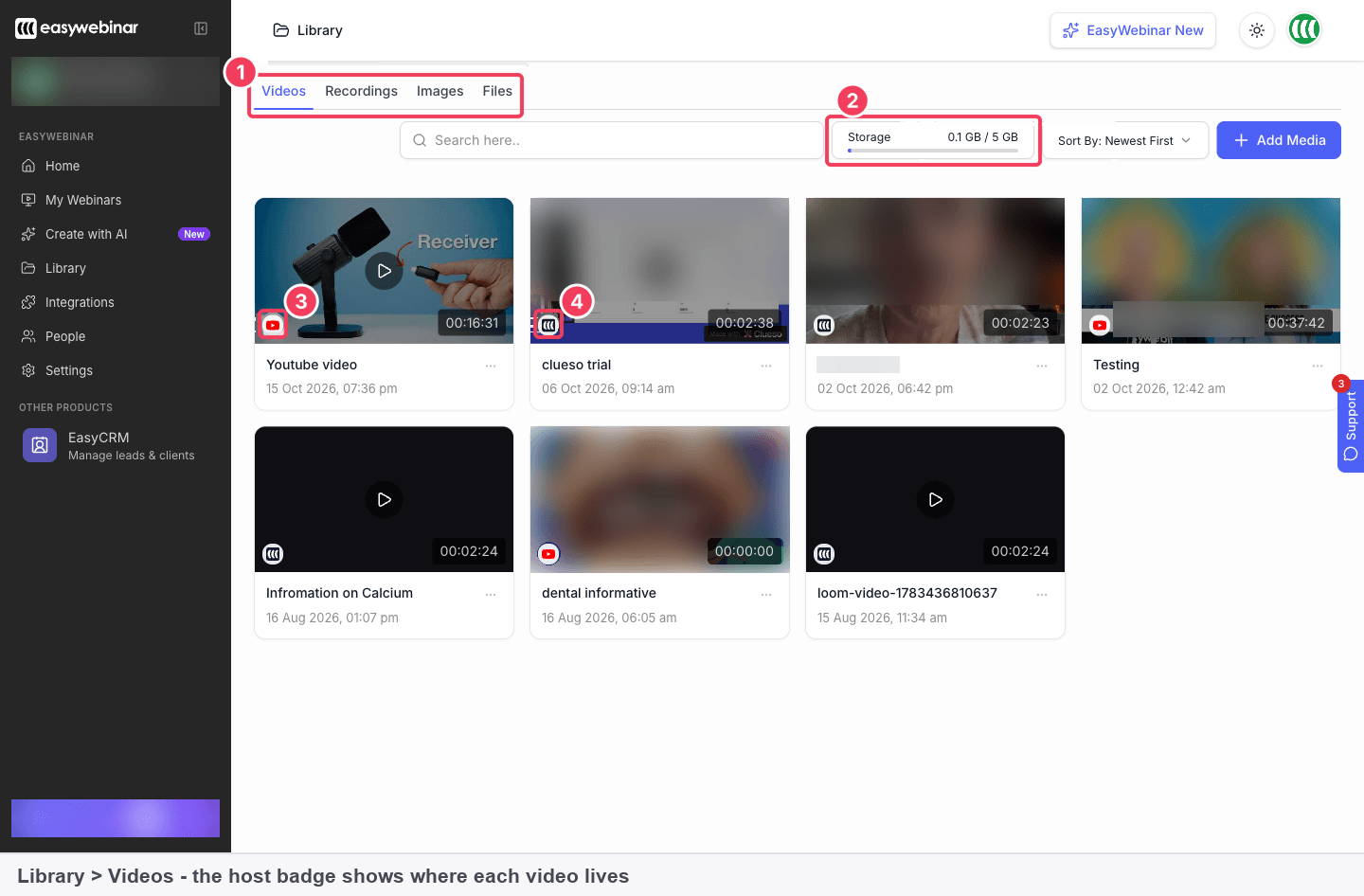 The Library Videos tab with the four tabs, the storage meter and host badges on each video card