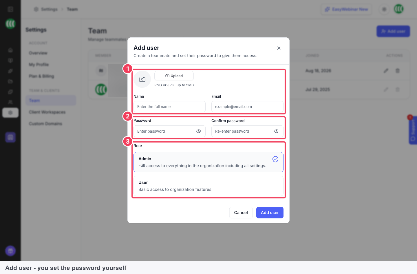 The Add user dialog with name, email, password and role