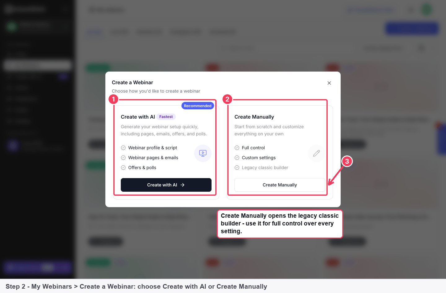 The Create a Webinar dialog showing Create with AI and Create Manually side by side