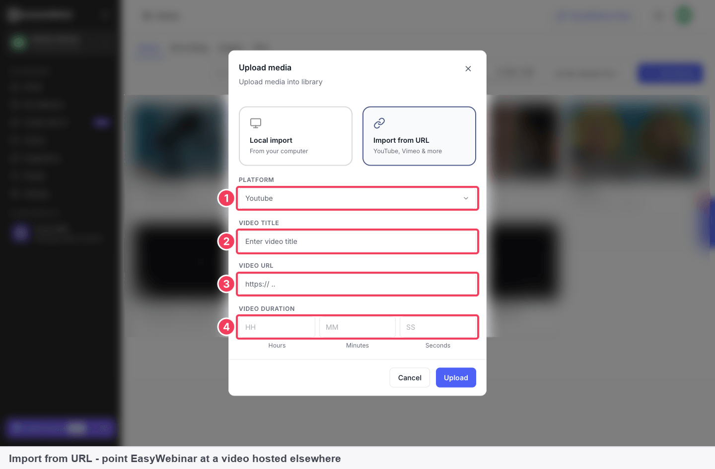 The Import from URL form with Platform, Video title, Video URL and Video duration in hours, minutes and seconds