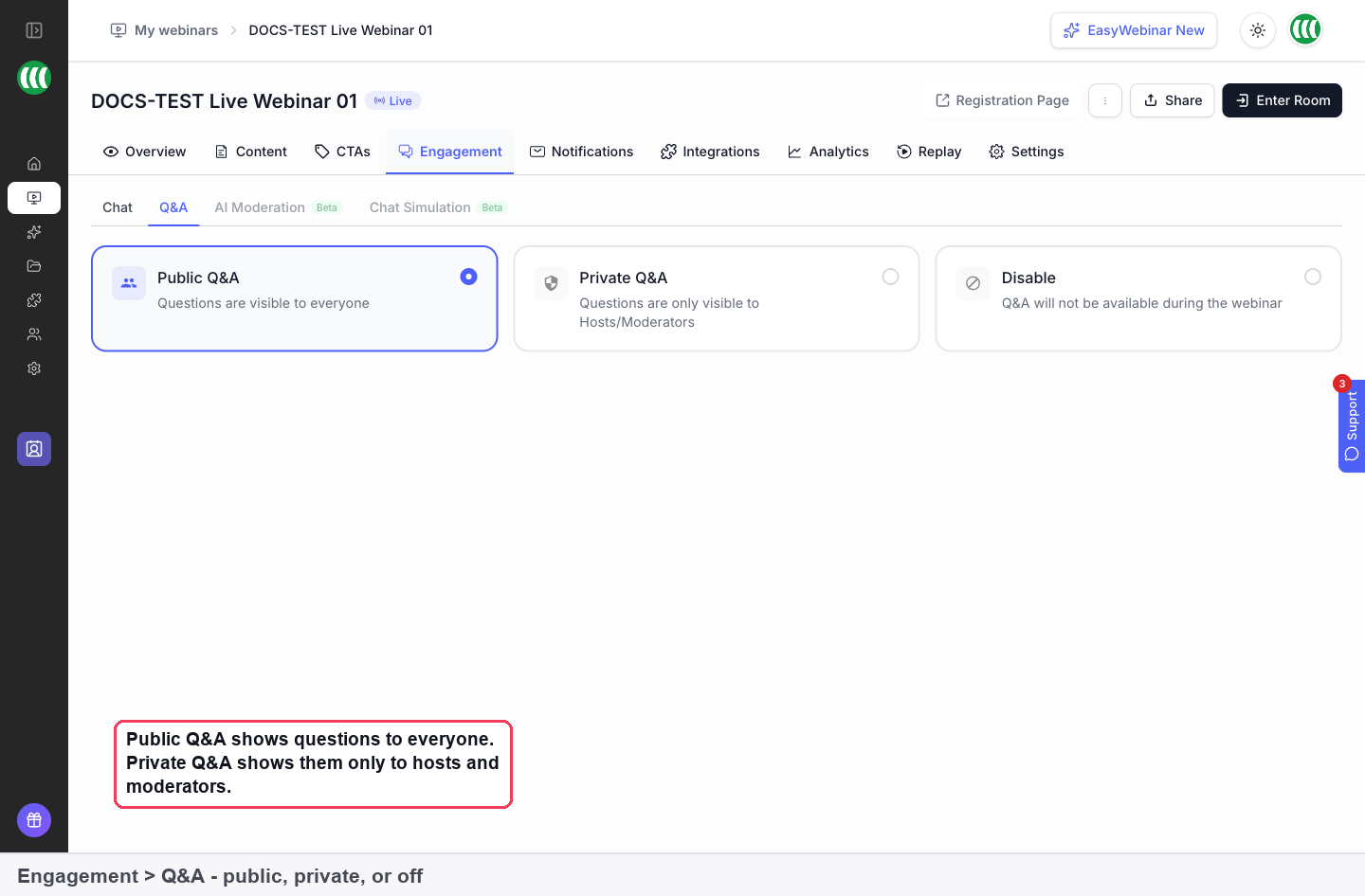 The Q&A section of the Engagement tab with Public Q&A selected and Private Q&A and Disable alongside