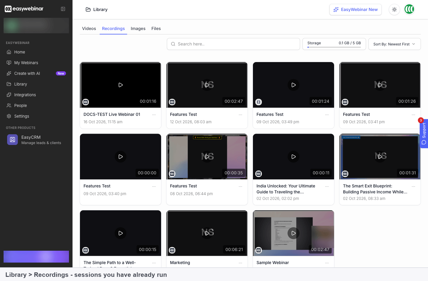 The Library Recordings tab listing recordings of past sessions with their durations and dates