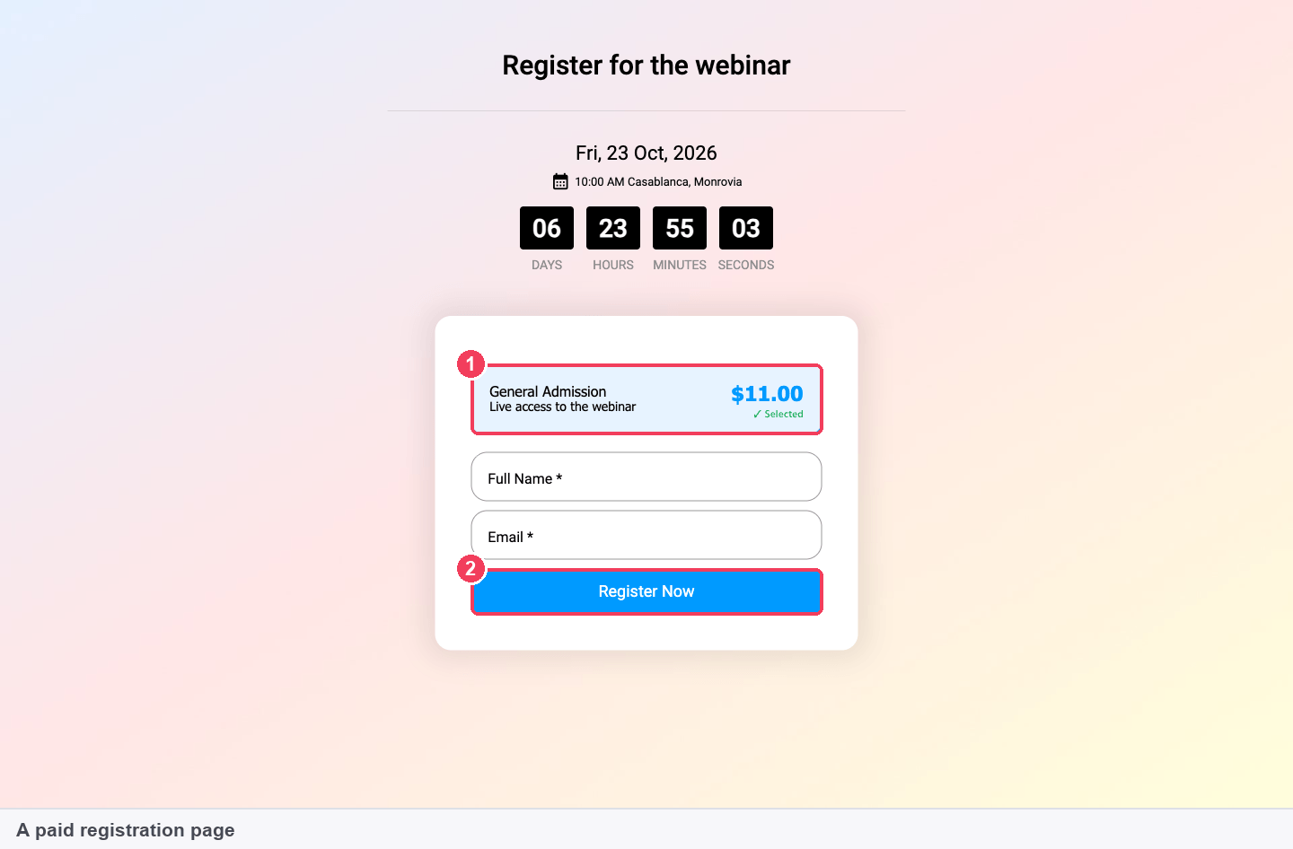 A paid registration page showing the price option above the form and the Register Now button
