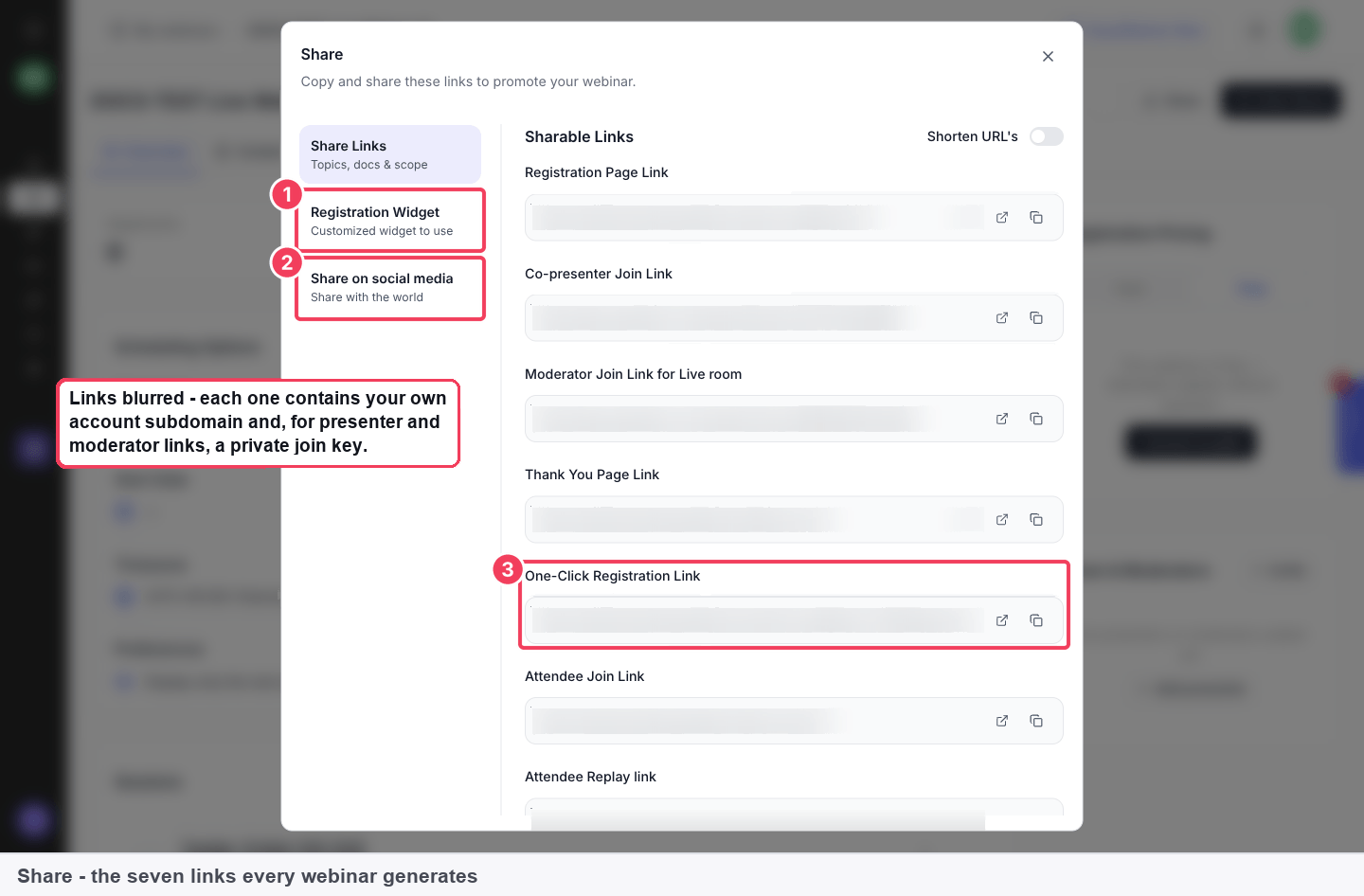 The Share dialog with Registration Widget and Share on social media on the left and the sharable links on the right, including registration page, co-presenter, moderator, thank-you, one-click registration, attendee join and attendee replay links