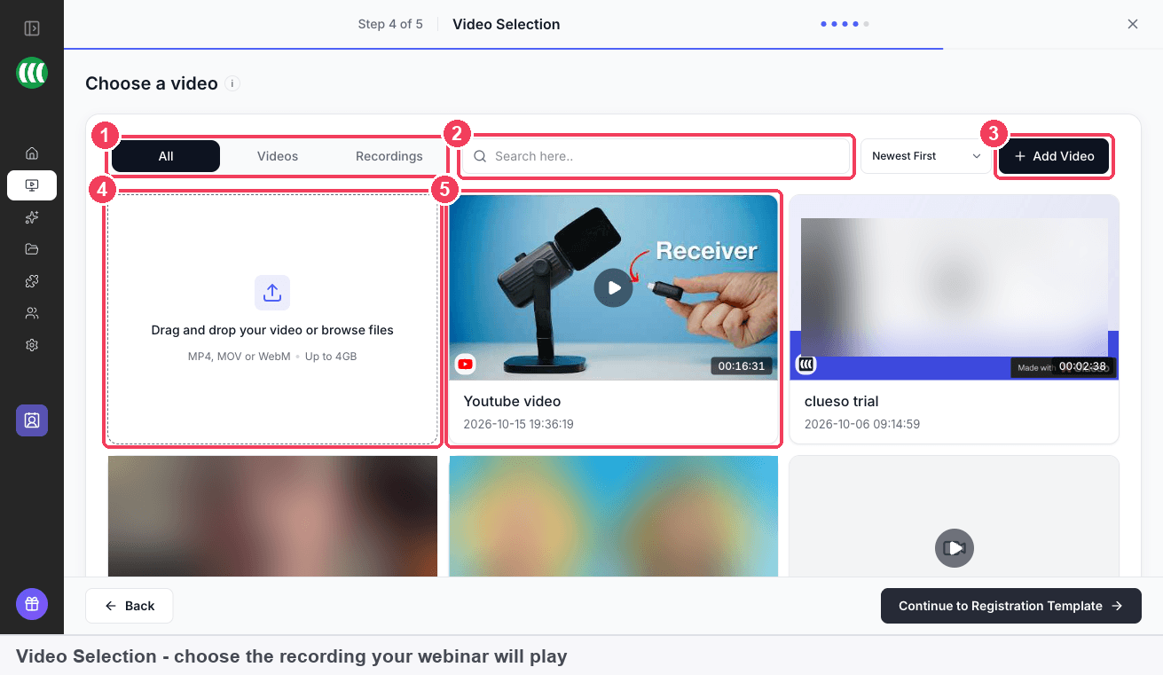 The Video Selection step for an evergreen webinar, with filters, search, Add Video, the upload area and the library