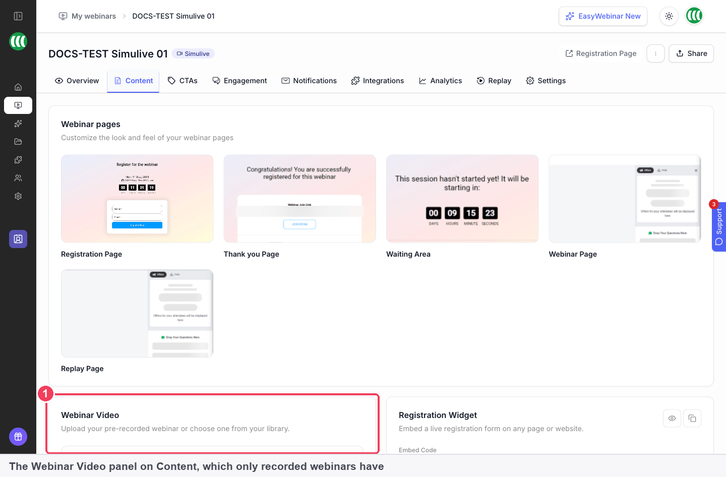 The Content tab of a simulive webinar, with the five webinar pages and the Webinar Video panel marked