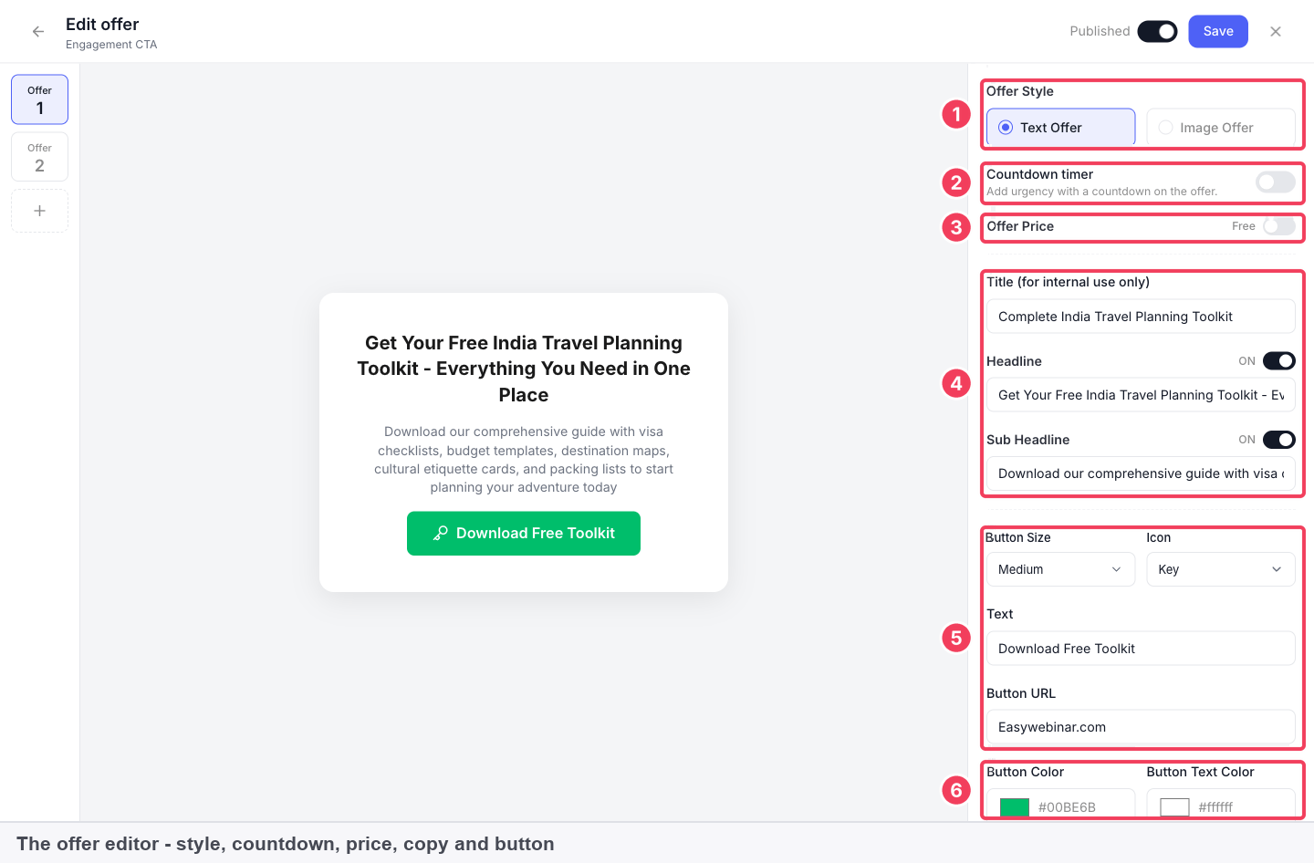 The offer editor showing style, countdown timer, price, copy and button settings