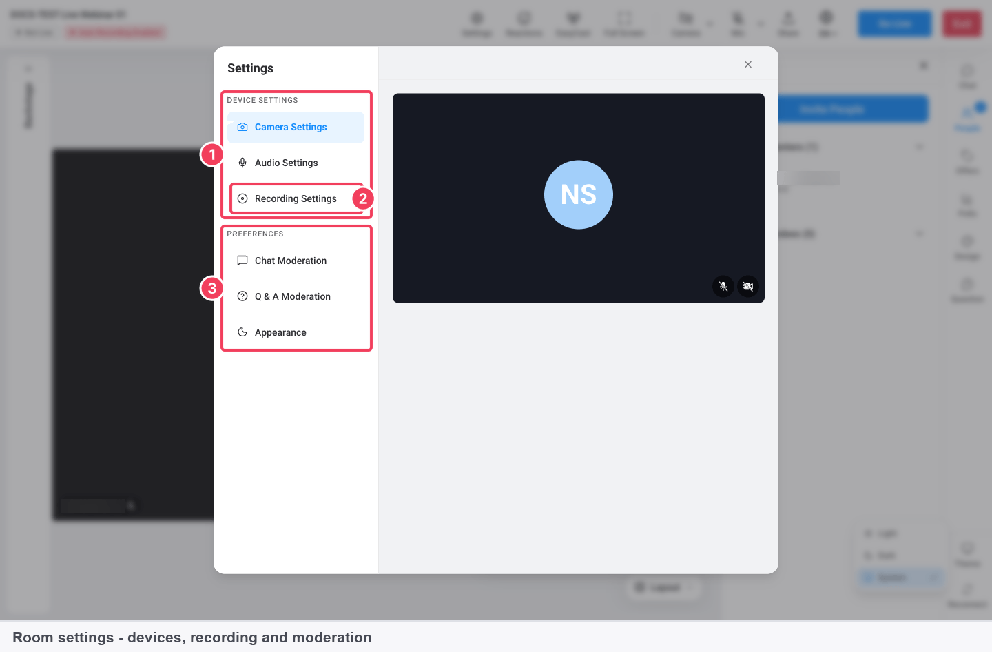 The room Settings dialog with Device settings, Recording Settings and Preferences marked