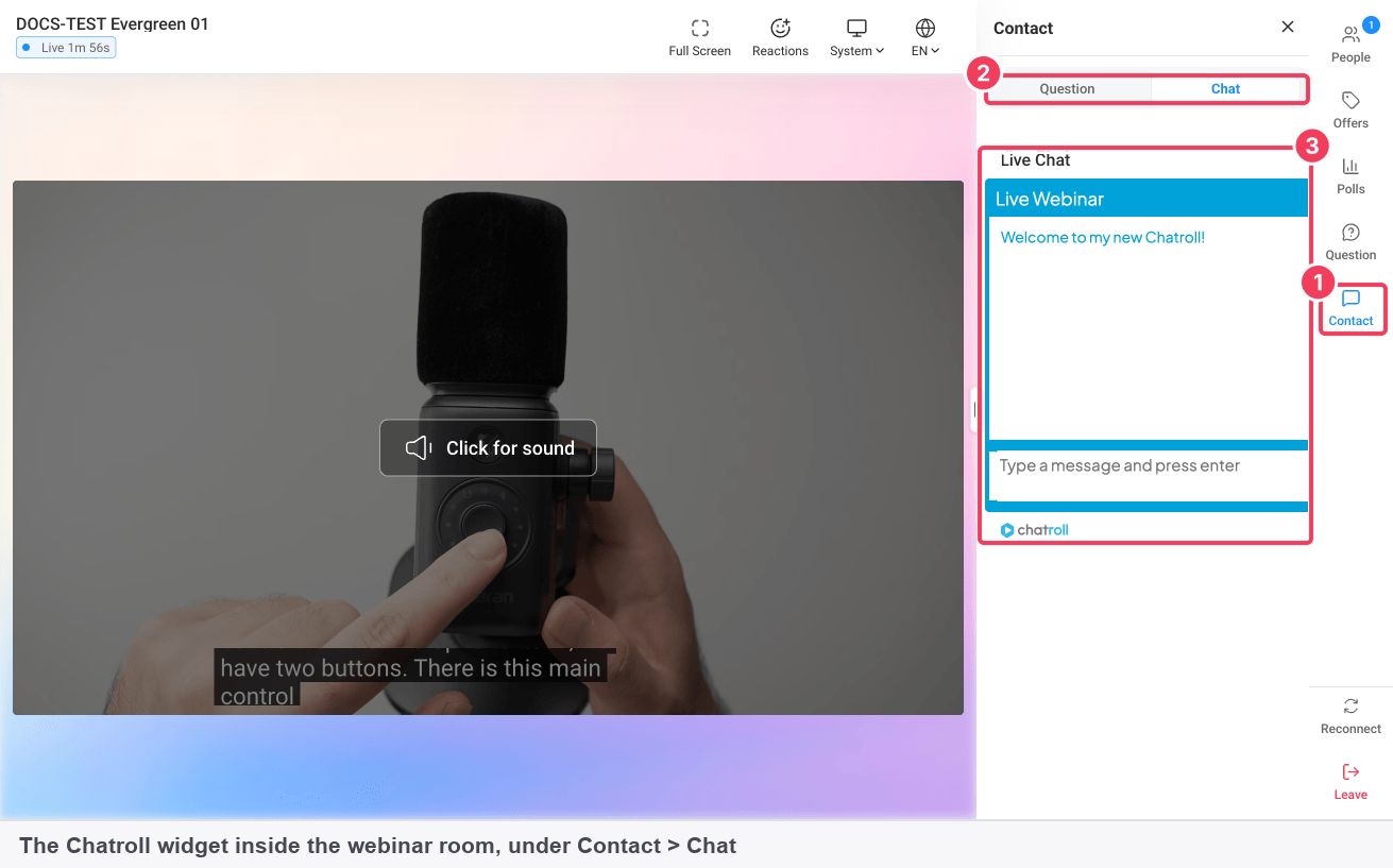 The webinar room seen as an attendee, with the Contact panel open on its Chat tab showing the embedded widget