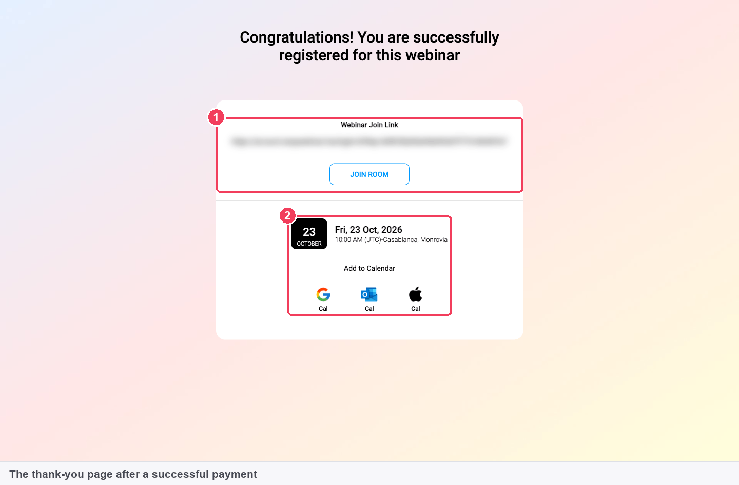 The thank-you page after a successful payment
