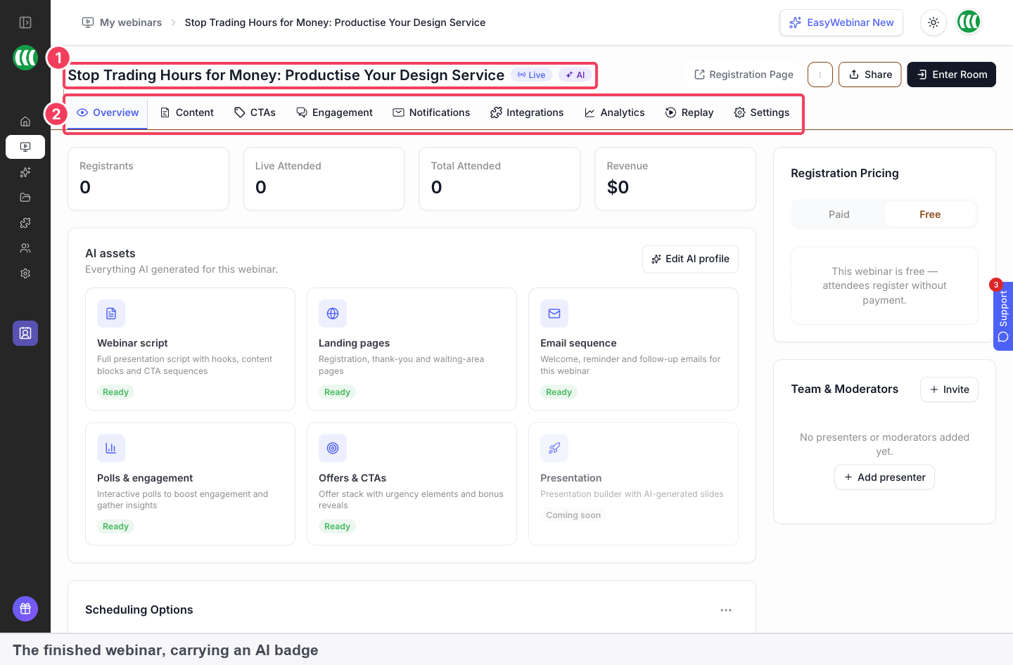 The finished webinar's Overview tab, with the AI badge beside the title and the nine tabs marked