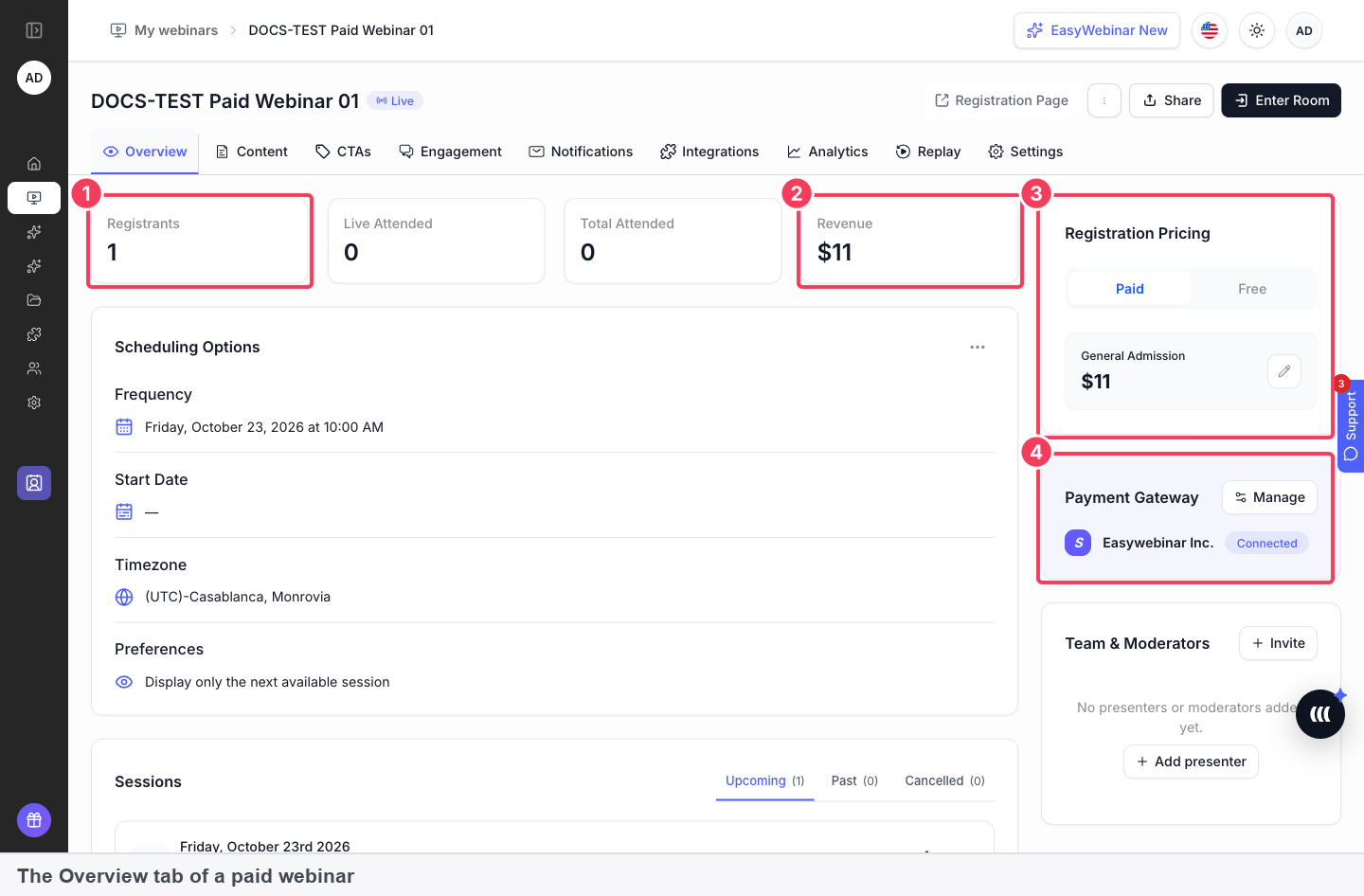 The Overview tab of a paid webinar showing registrants, revenue, the registration pricing panel and the payment gateway