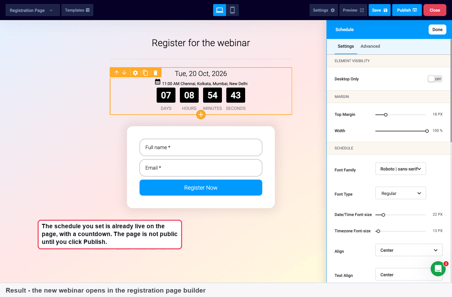 The registration page builder with the date, countdown and the default form showing Full name and Email