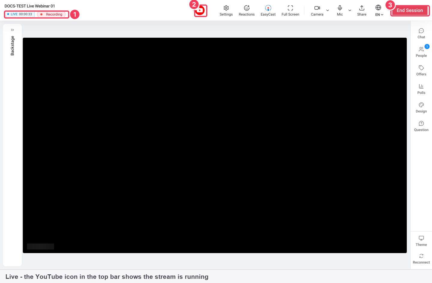 The room broadcasting, with the LIVE timer and Recording badge, a streaming platform icon and End Session marked