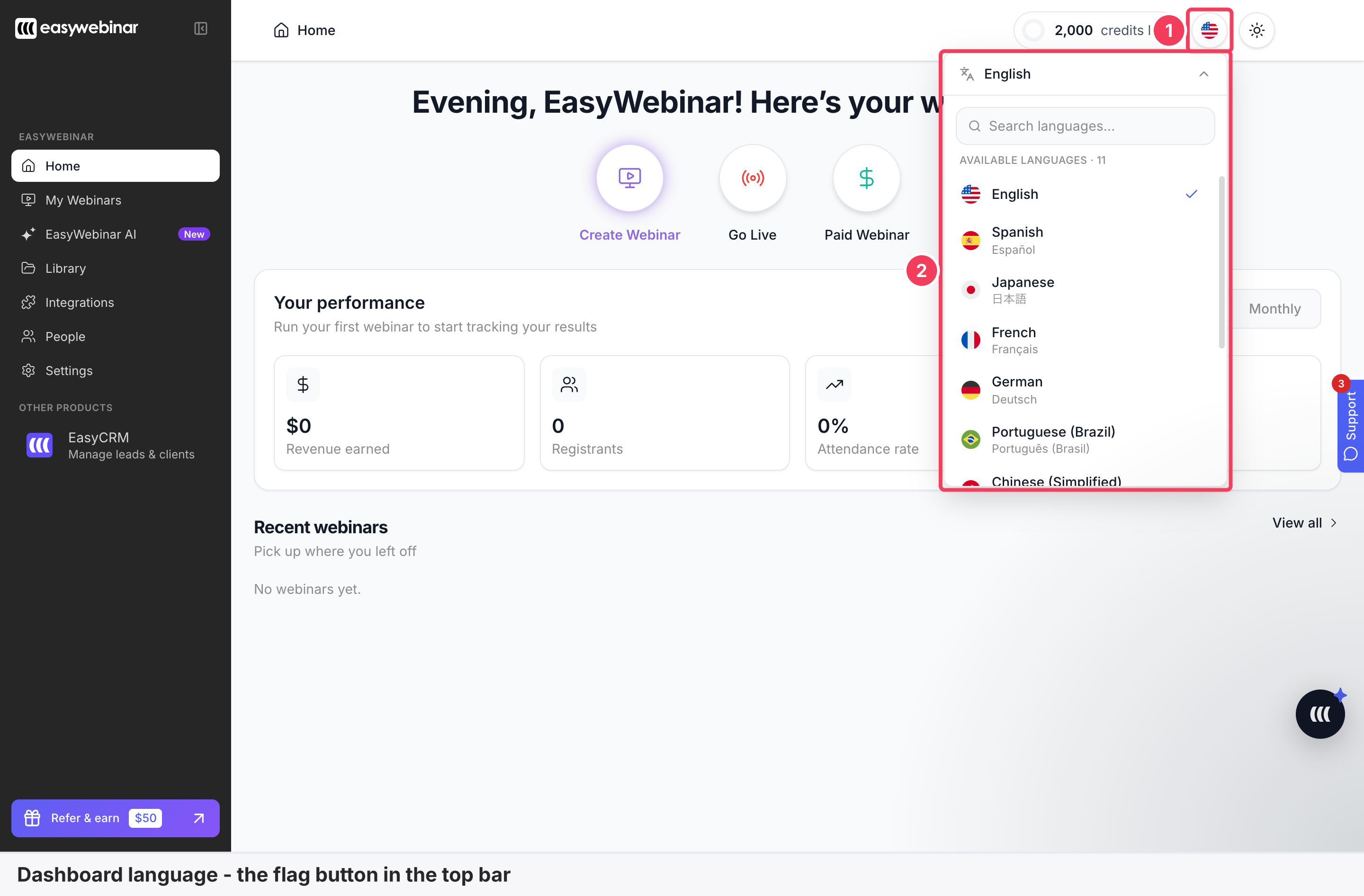 The Home page with the flag button in the top bar and the open language list marked