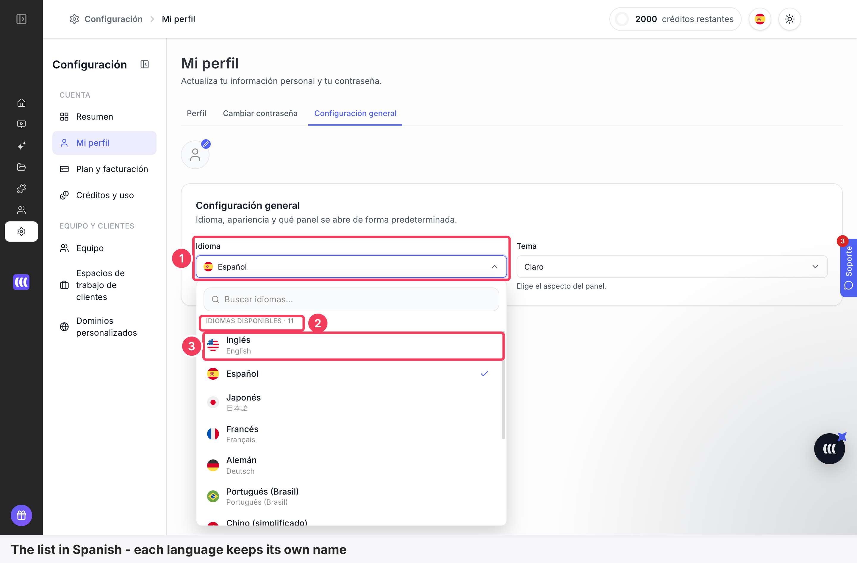 Mi perfil in Spanish with Idioma set to Español and the open list showing Inglés above English