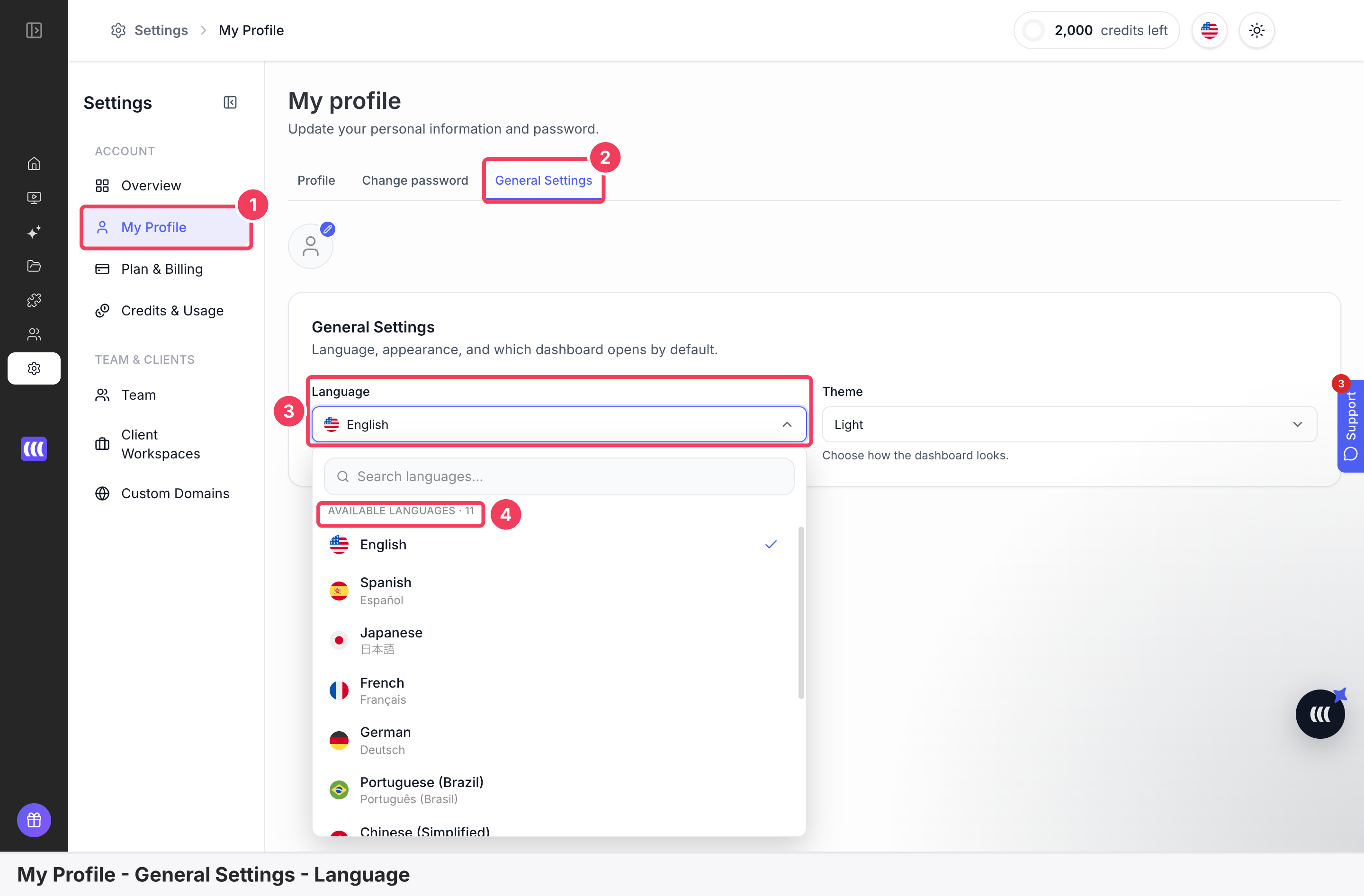 Settings with My Profile, the General Settings tab and the open Language list marked