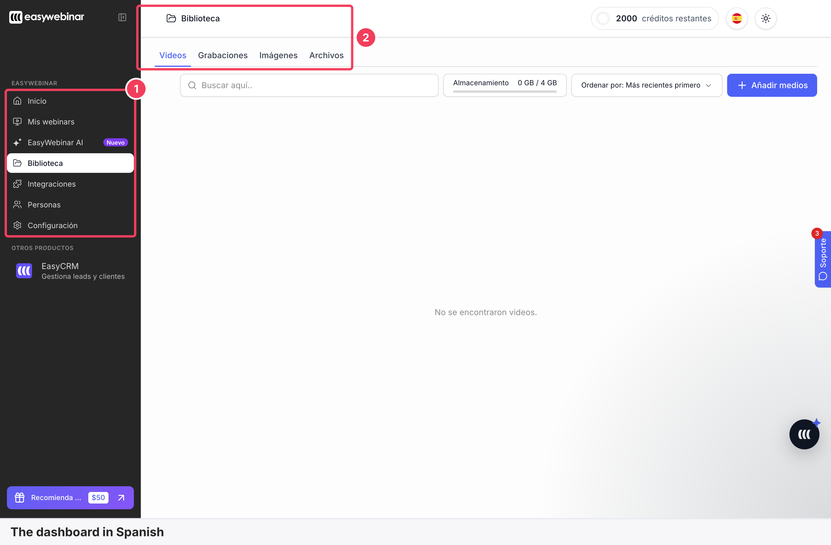 The Library page in Spanish with the Spanish sidebar and the Biblioteca header marked