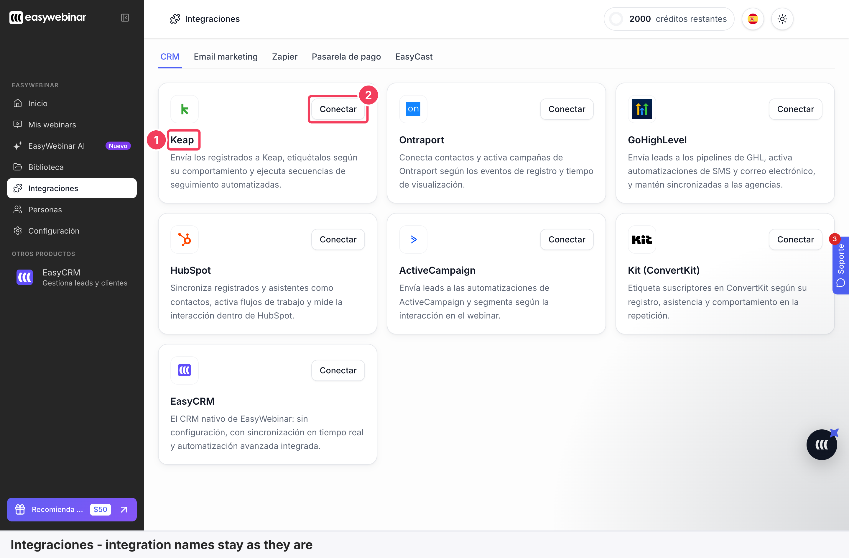 The Integraciones page in Spanish with the Keap name and its Conectar button marked