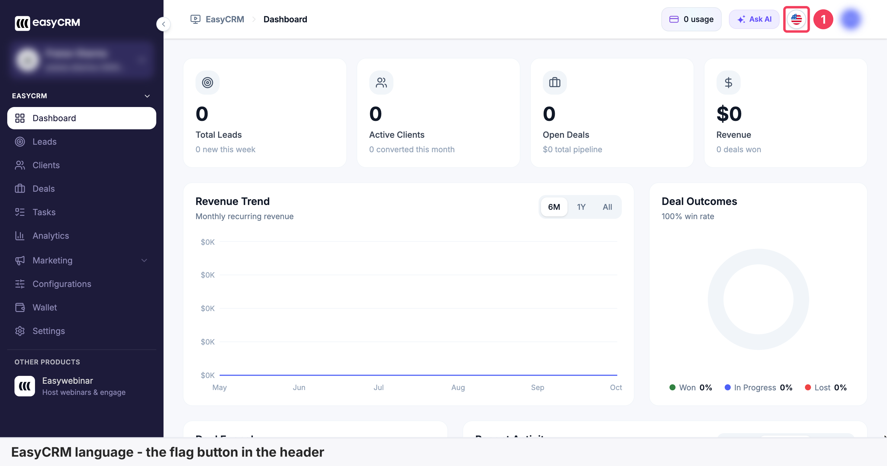 The EasyCRM dashboard in English with the round flag button in the header marked