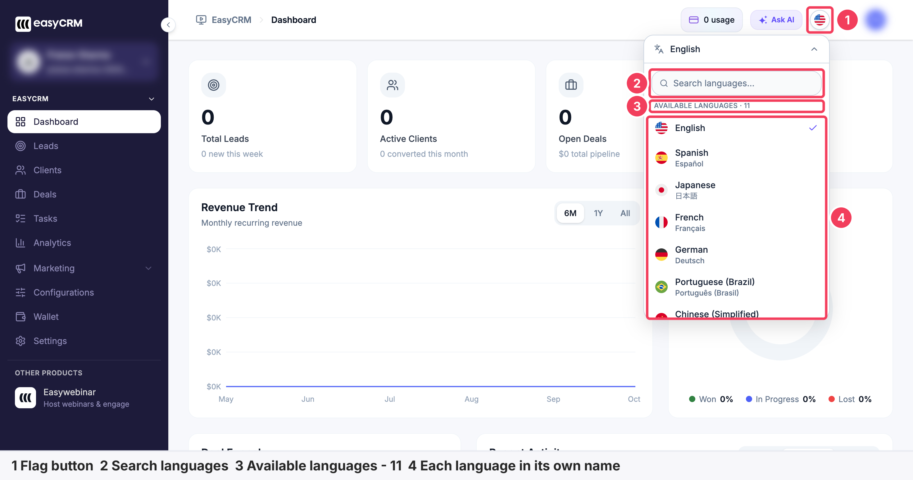 The EasyCRM language list open, with the flag button, the search box, the AVAILABLE LANGUAGES 11 label and the list of languages marked