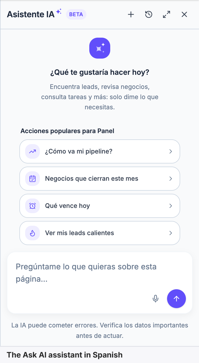 The EasyCRM AI assistant panel in Spanish, with its suggested actions and input box