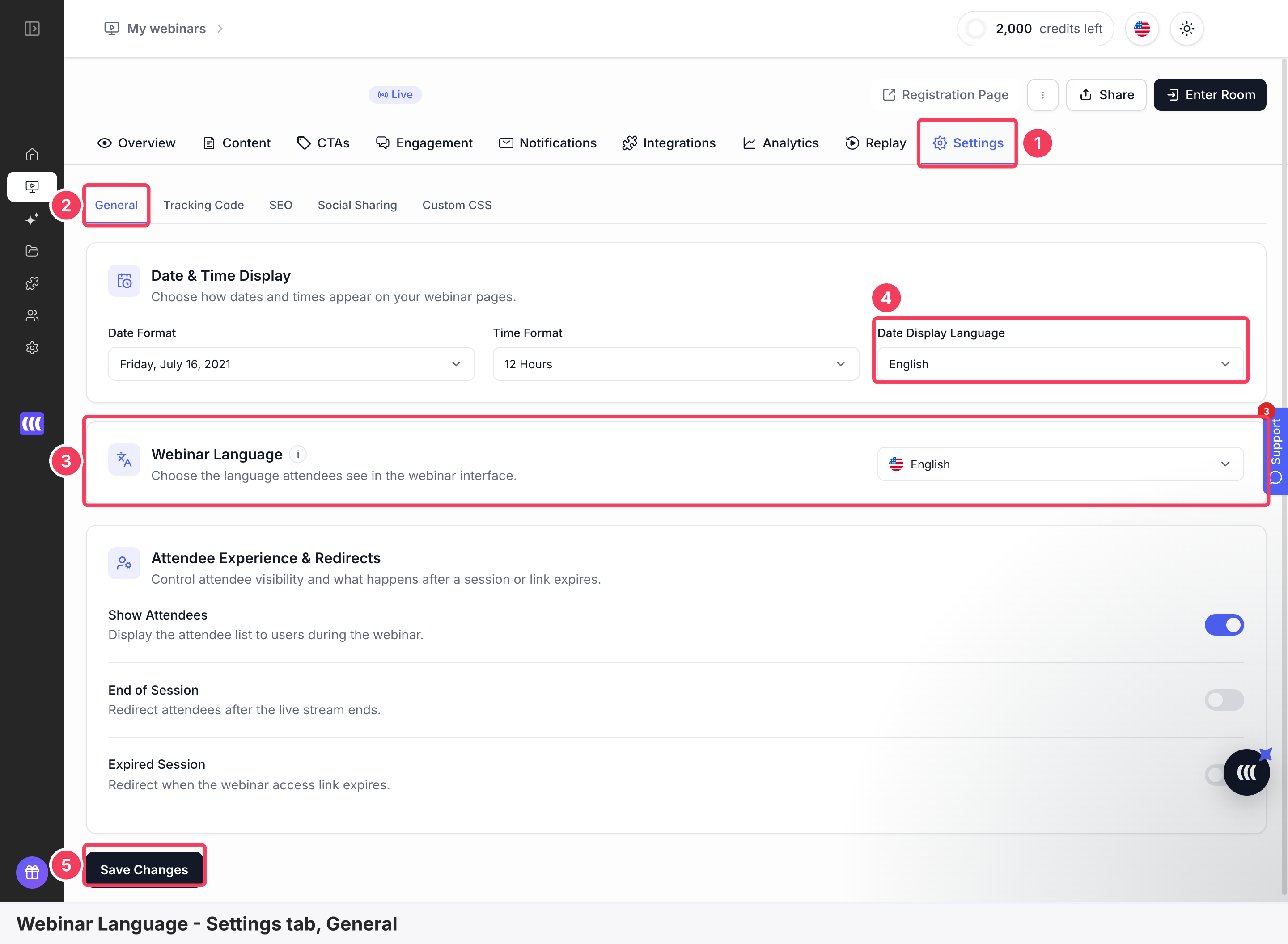 A live webinar's Settings tab, General sub-tab, with the Webinar Language section and Save Changes marked