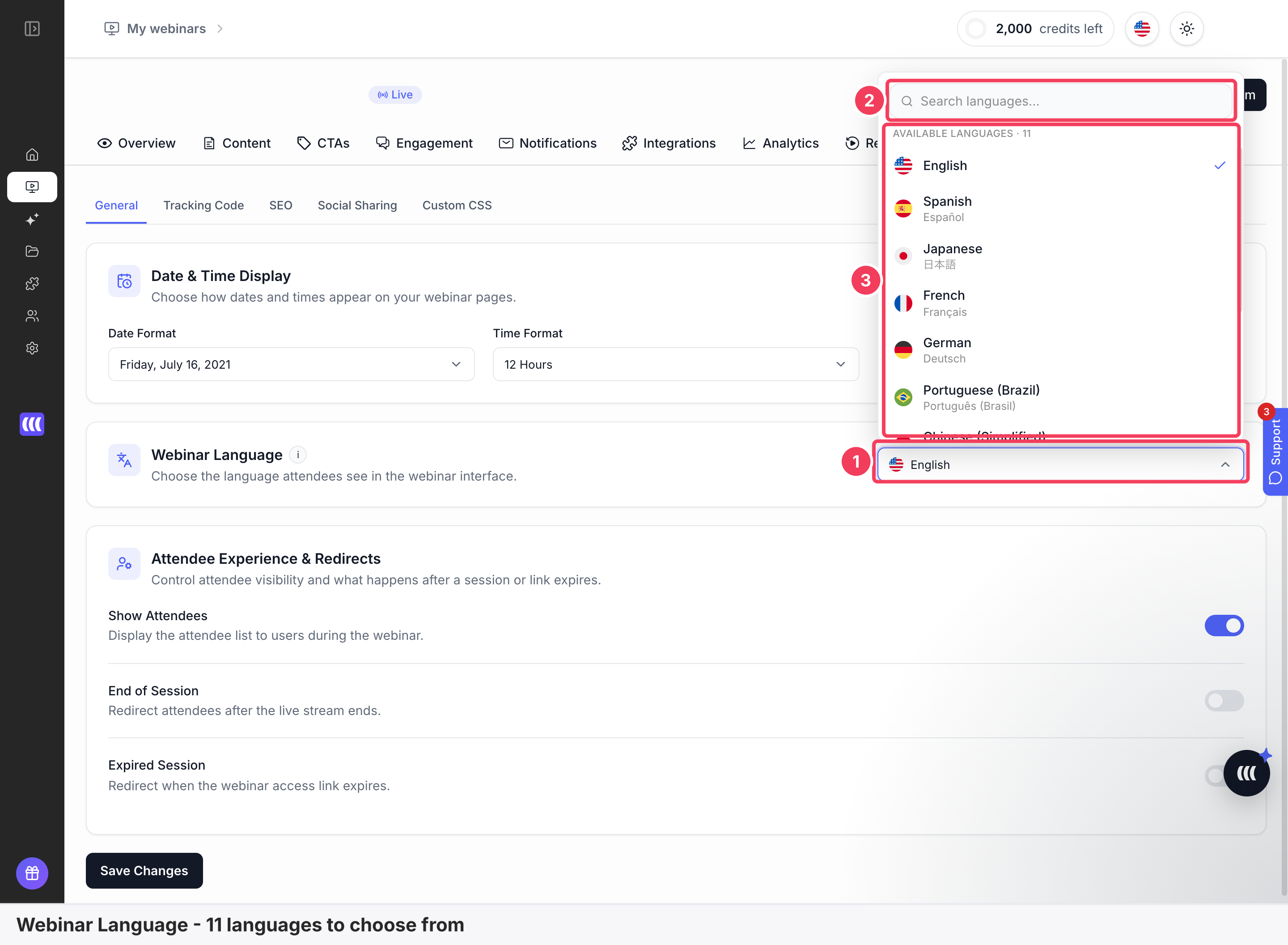 The open Webinar Language list with the field, the search box and the 11 languages marked