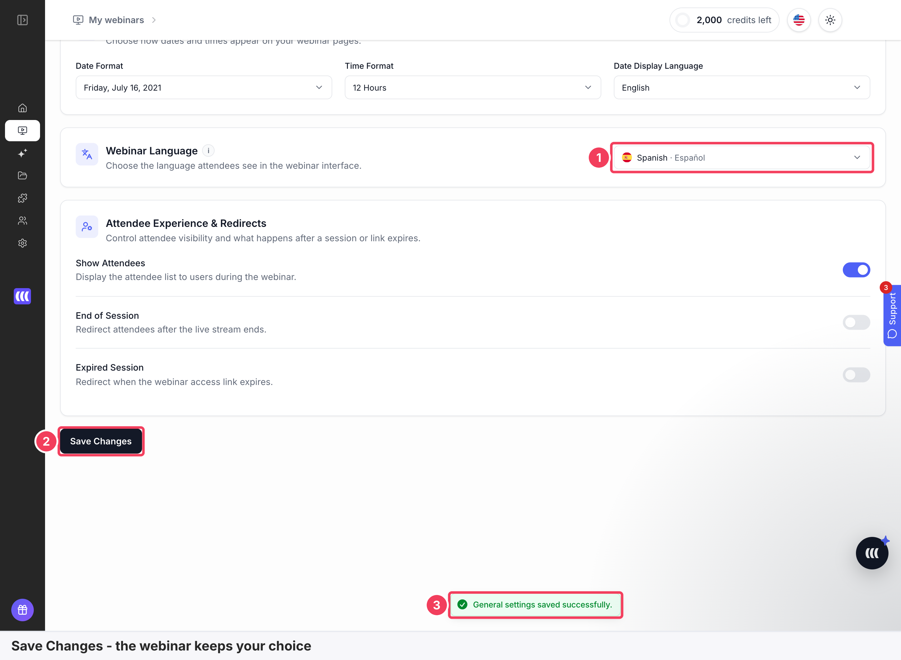 Webinar Language set to Spanish, the Save Changes button and the saved confirmation marked
