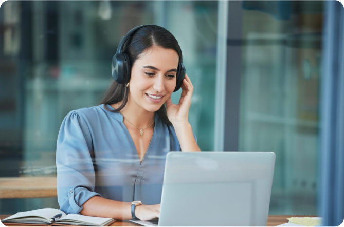 Professional woman using headset for webinar