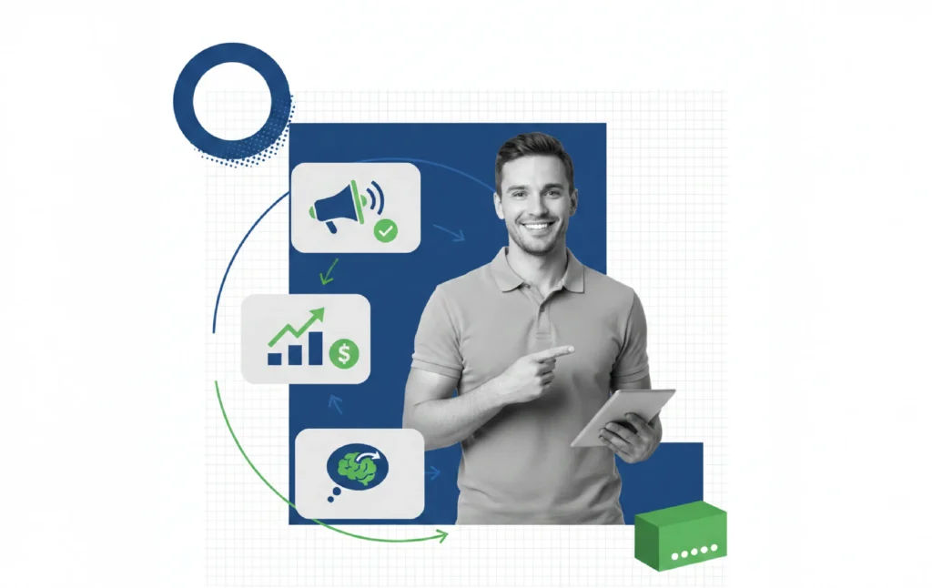 A banner displaying three business pillars Marketing, Sales, and Training.