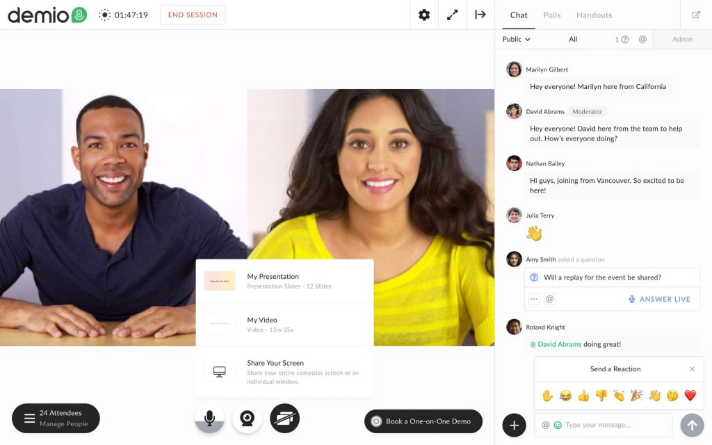 Demio live session dashboard featuring two hosts, chat panel, polls, handouts, and presentation controls in browser.