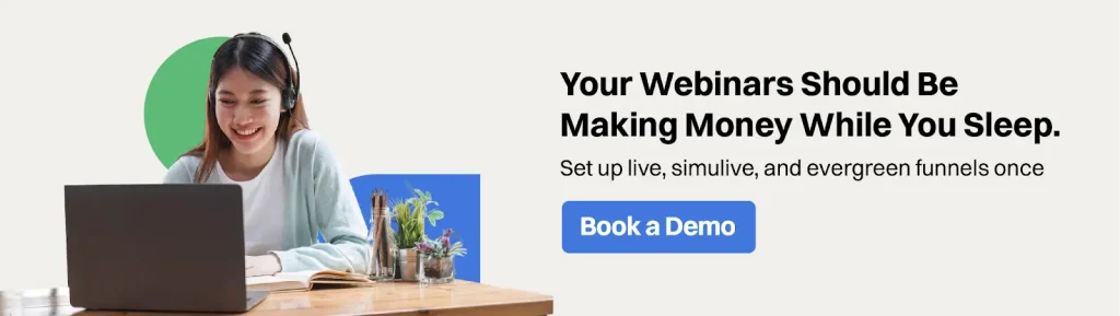 EasyWebinar banner showing automated evergreen webinar funnel running 247, start your free trial today.