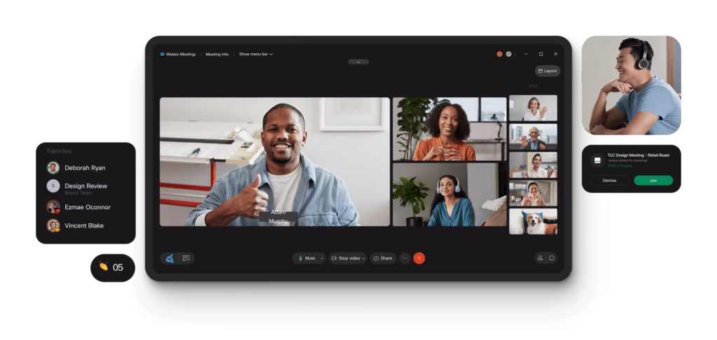 Webex Webinars interface showing multi-participant video grid, favorites panel, and meeting notifications for enterprise broadcasts.