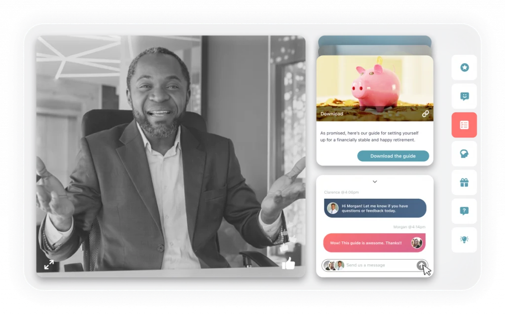 eWebinar simulated-live session with four-participant video grid, materials library, and chat panel for engagement-driven broadcasts.