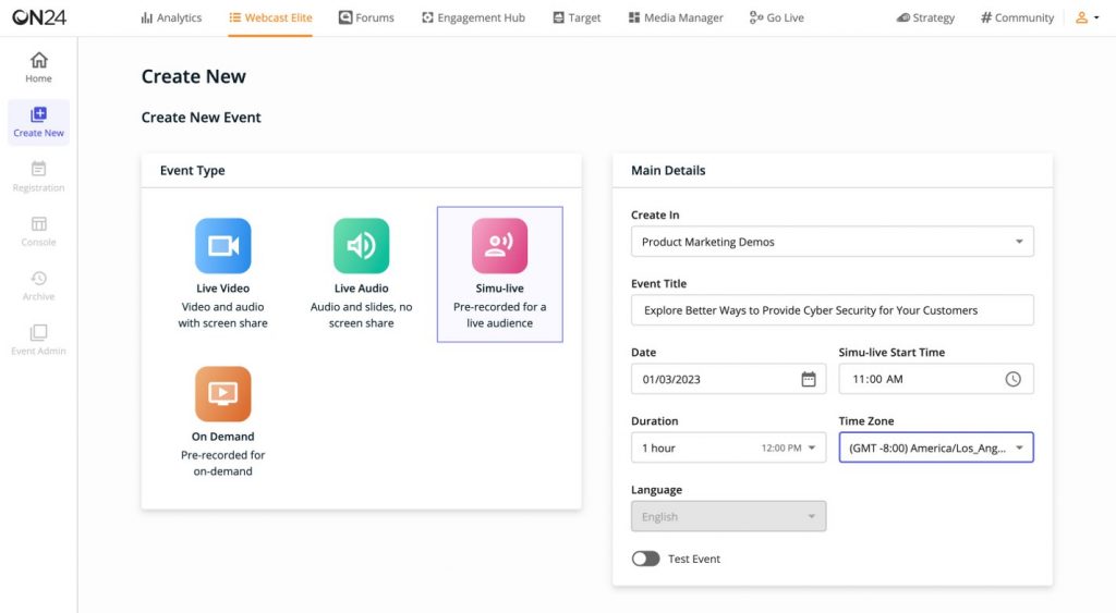 ON24 enterprise webcasting platform console with engagement analytics and Salesforce Marketo integrations for B2B demand generation teams.