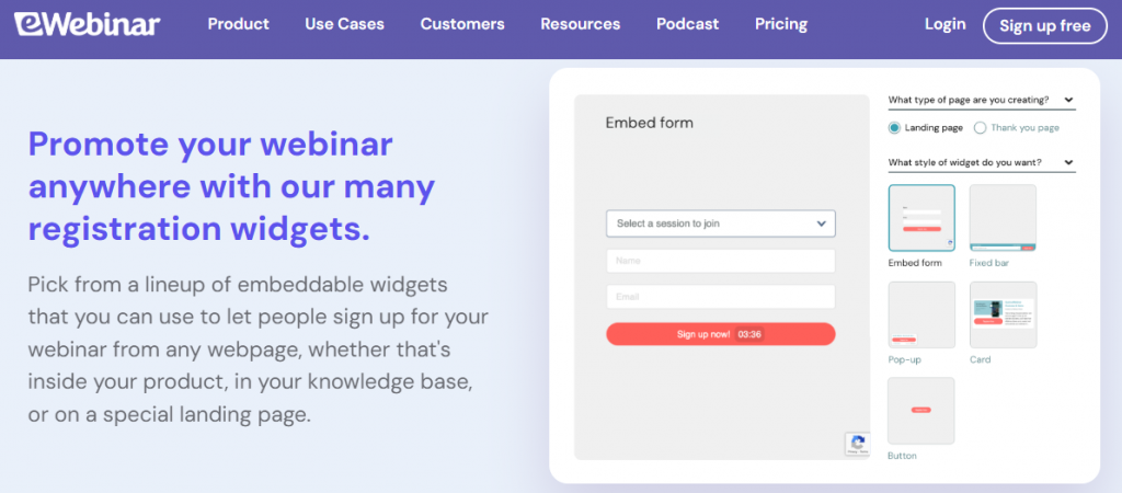 eWebinar registration widget options including embed form, fixed bar, pop-up, card, and button for webinar signups