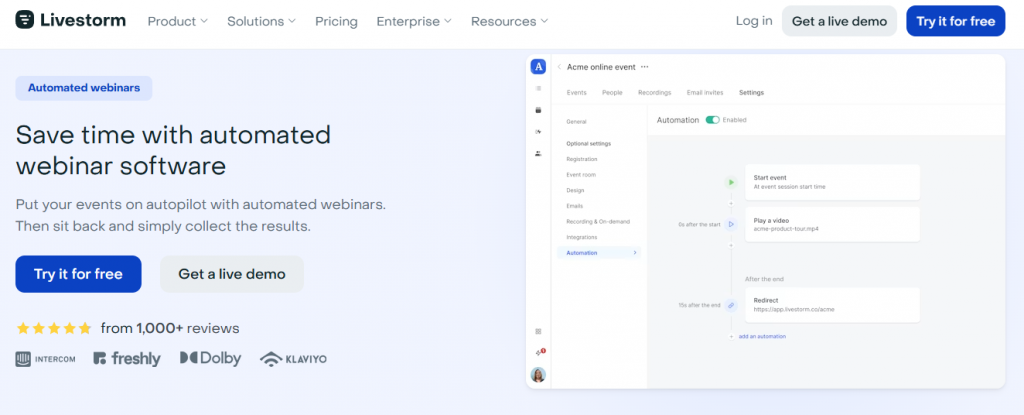 Livestorm automated webinar software interface showing event automation workflow with start, play video, and redirect steps