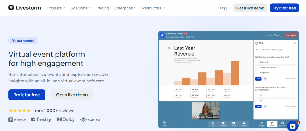 Livestorm live event interface with interactive polls and Q&A panel driving high webinar audience engagement