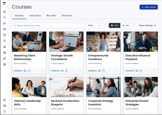 Thinkific course builder dashboard displaying published coaching and leadership courses in a grid layout