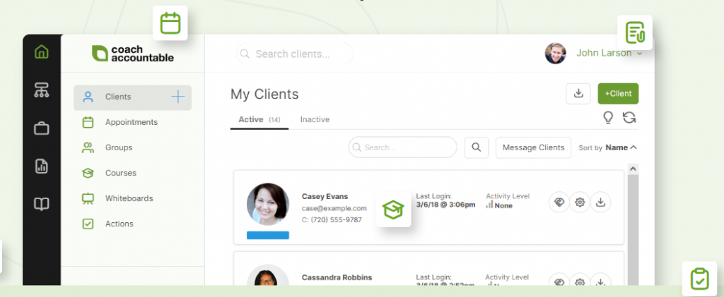 CoachAccountable client management dashboard listing active coaching clients with appointments, courses, and activity tracking