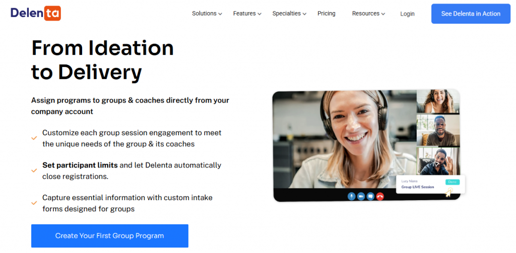 Delenta group program setup with participant limits, custom intake forms, and a live group coaching session