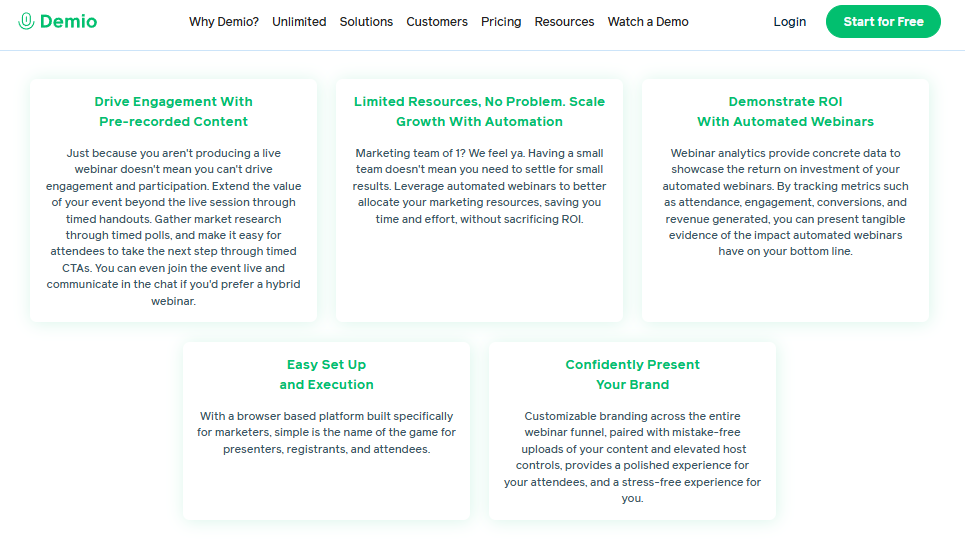 Demio feature grid covering pre-recorded engagement, automation scaling, ROI analytics, easy setup and branded webinars