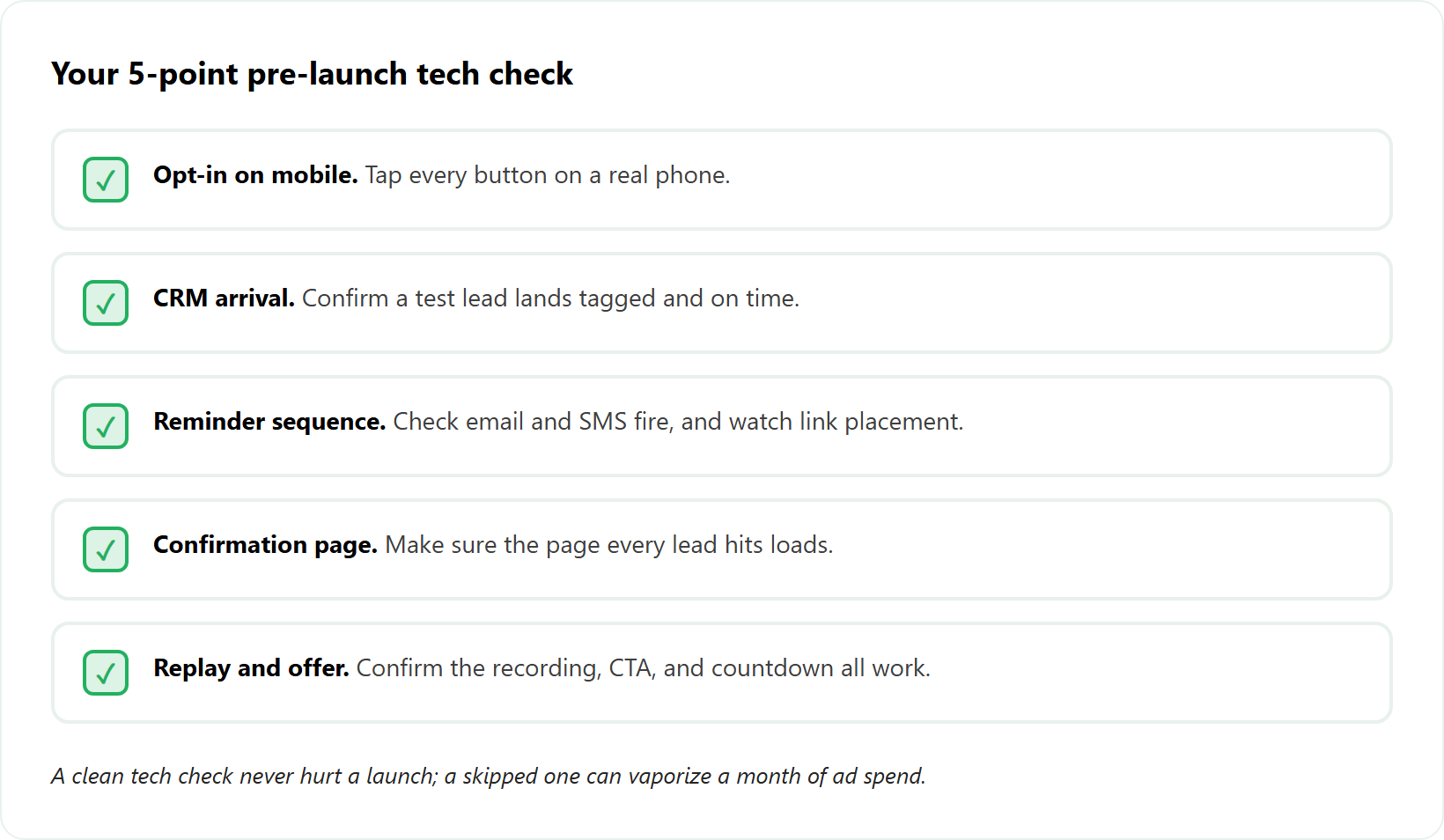 Five-point pre-launch tech checklist covering opt-in, CRM, reminders, confirmation page, and replay