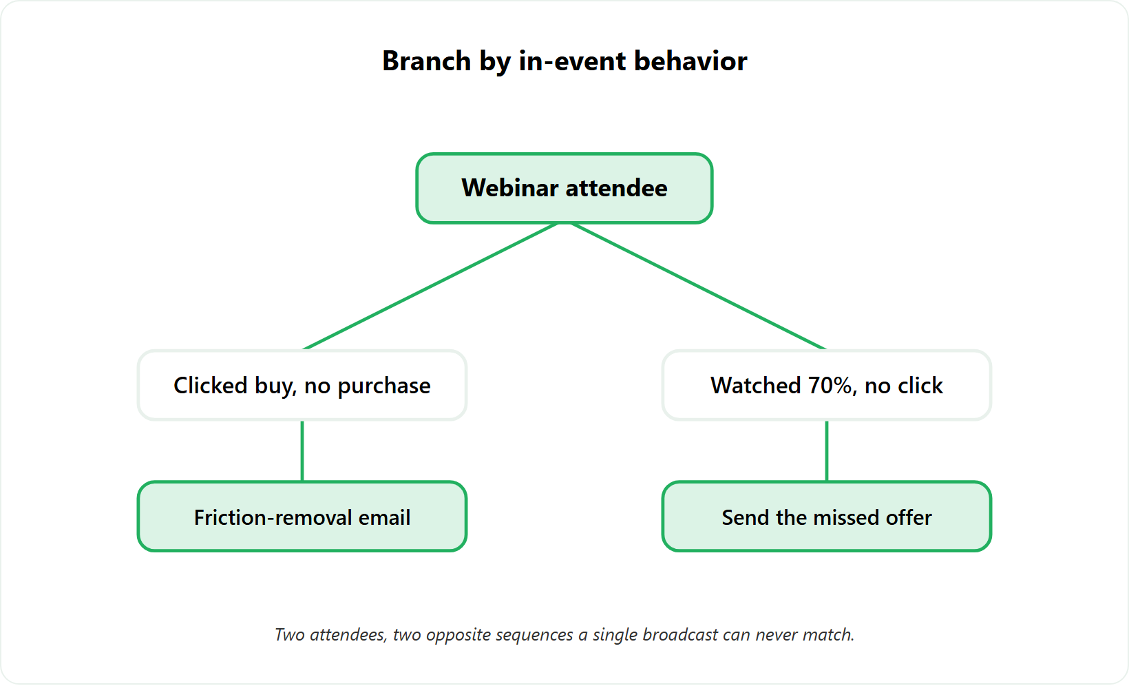 Decision branch: one webinar audience splits into buy-button abandoner and 70% watcher follow-up sequences.