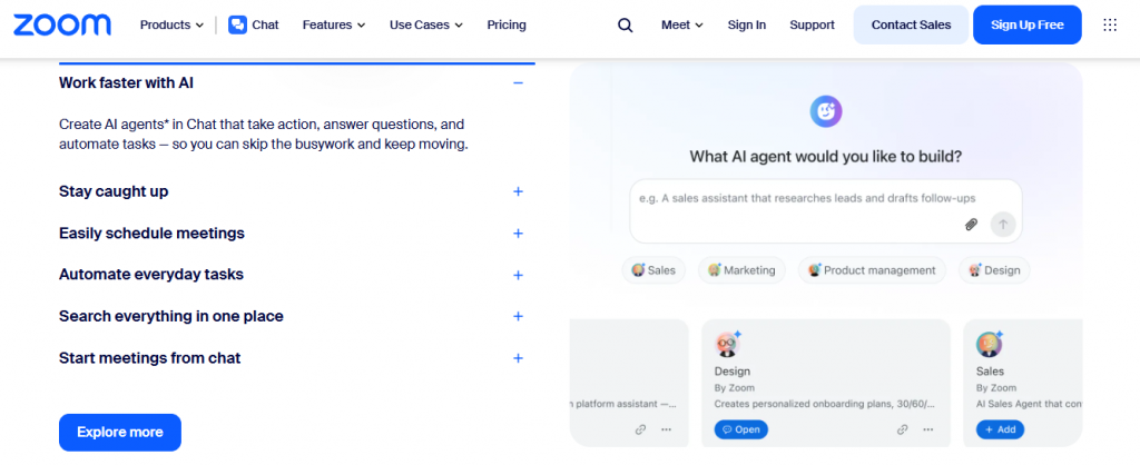 Zoom interface showing AI agent tools, reflecting meeting-first roots versus interactive webinar platforms